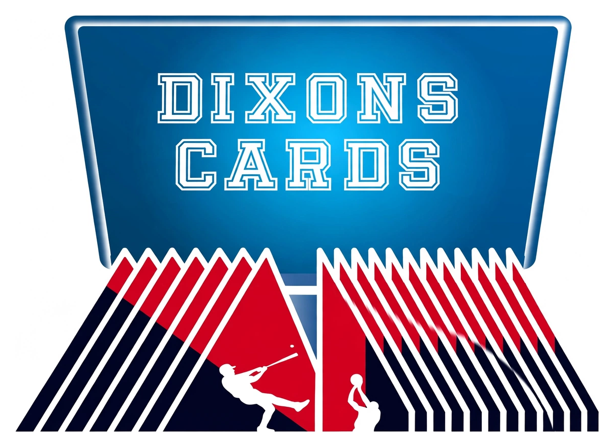 Dixons Cards main logo — the name in varsity lettering on the lid of an open card box, with red and navy card stacks fanned below carrying a batter and a basketball player